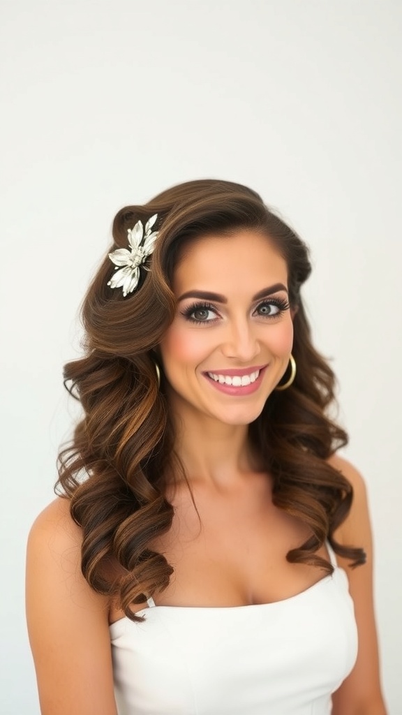 A bride with side-swept curls adorned with a rhinestone barrette, showcasing elegant wedding hair.