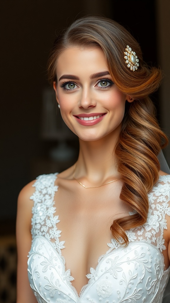 Bride with side-swept waves hairstyle adorned with a beaded clip, wearing a white lace wedding dress.