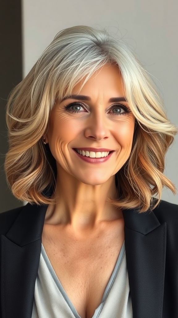 A woman with a wavy bob and side bangs, smiling confidently.
