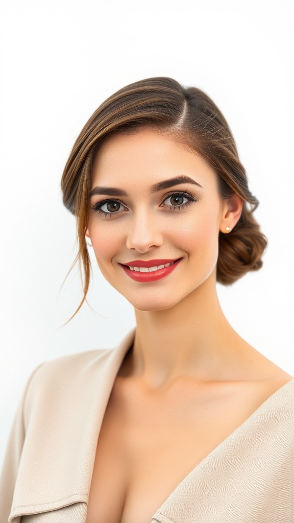 A woman with a side bun hairstyle and deep part, smiling confidently.