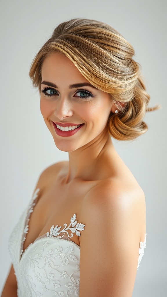 A bride with a side chignon hairstyle featuring finger wave details, wearing a white wedding dress.
