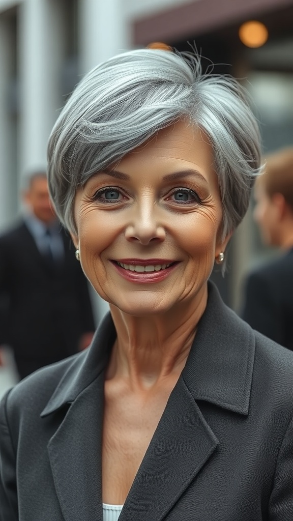 A woman with a short gray pixie haircut and side fringe, smiling confidently.