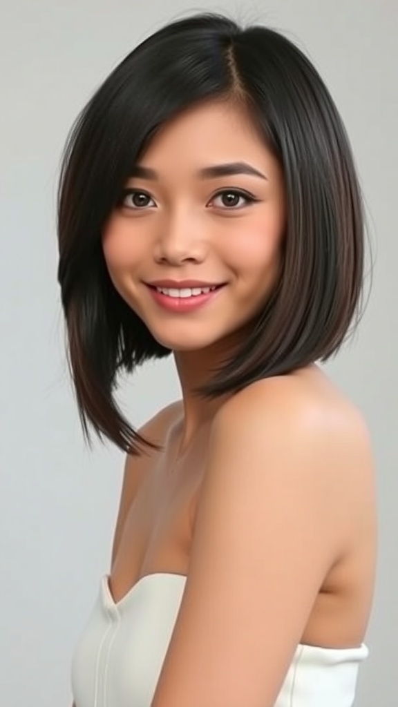 A woman with a side-swept bangs blunt cut bob chin-length hairstyle, smiling and looking stylish.
