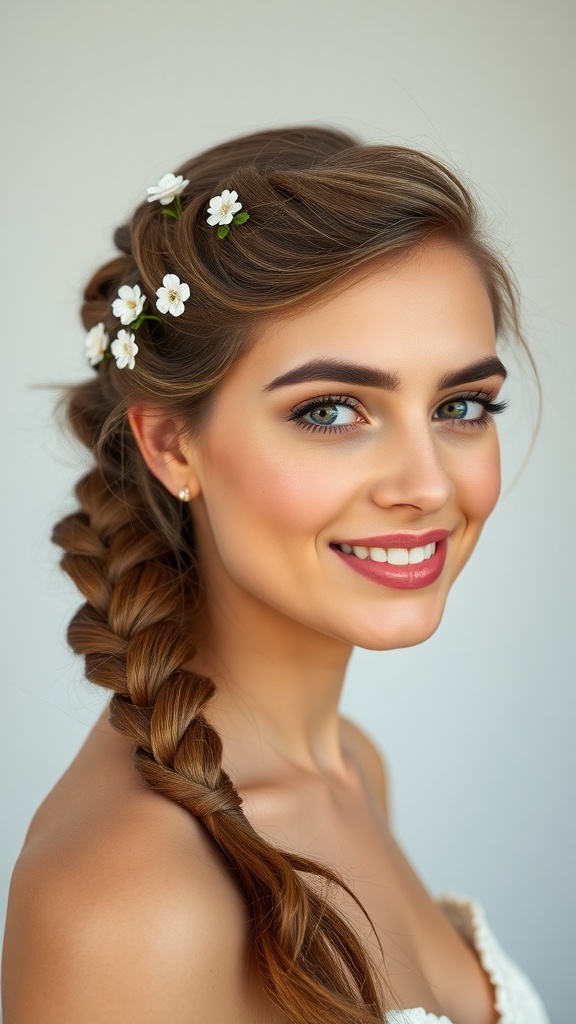 A woman with a side swept braid adorned with floral pins, showcasing a romantic wedding hairstyle.