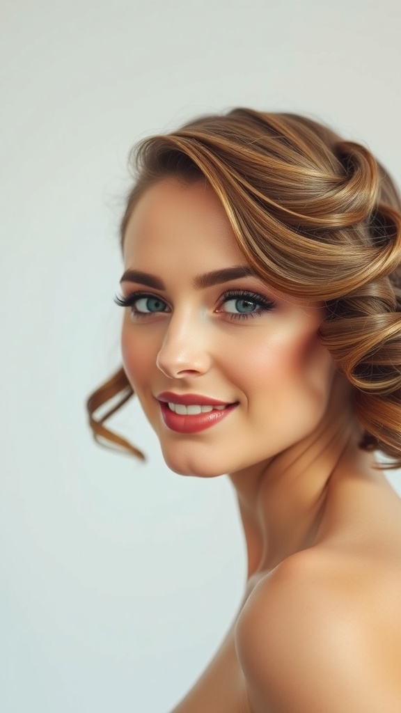 A woman with side swept curls, showcasing a beautiful hairstyle for a birthday celebration.