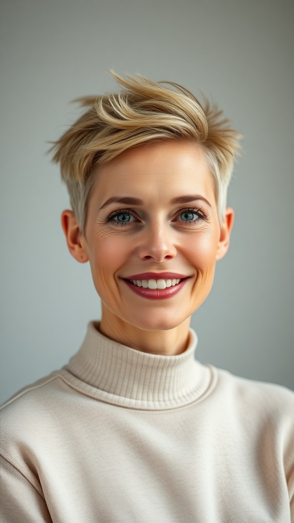 A woman with a silver faux hawk pixie haircut, smiling confidently.