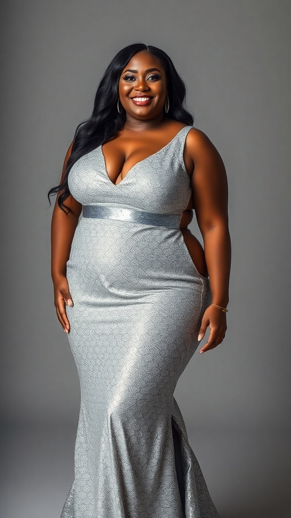 A woman wearing a silver glitter gown with sheer panels, smiling confidently.