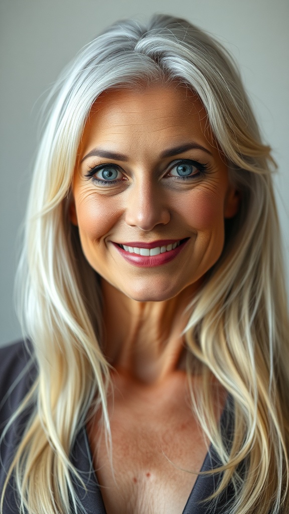 A woman with long silver hair and blonde streaks, smiling confidently.