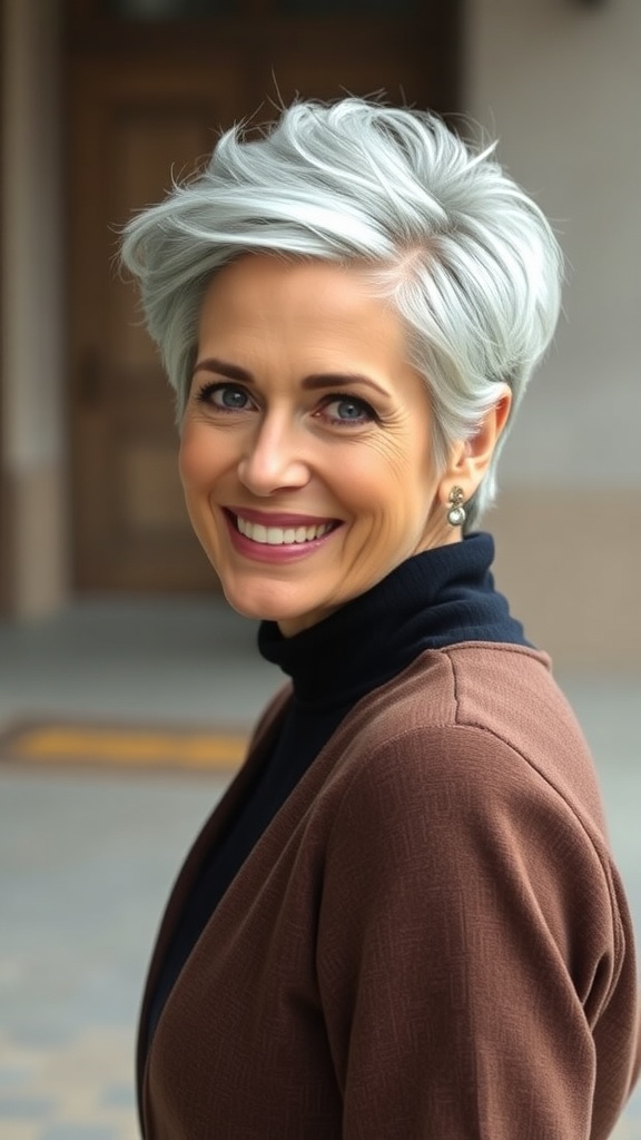 A woman with a silver textured pixie haircut, smiling confidently.