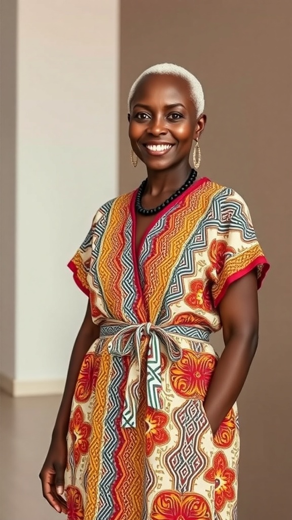 A woman smiling while wearing a colorful Kente maxi dress with a side tie.