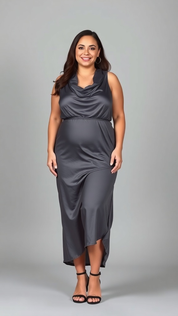 A model wearing a slate gray satin slip dress with a cowl neckline and strappy heels.
