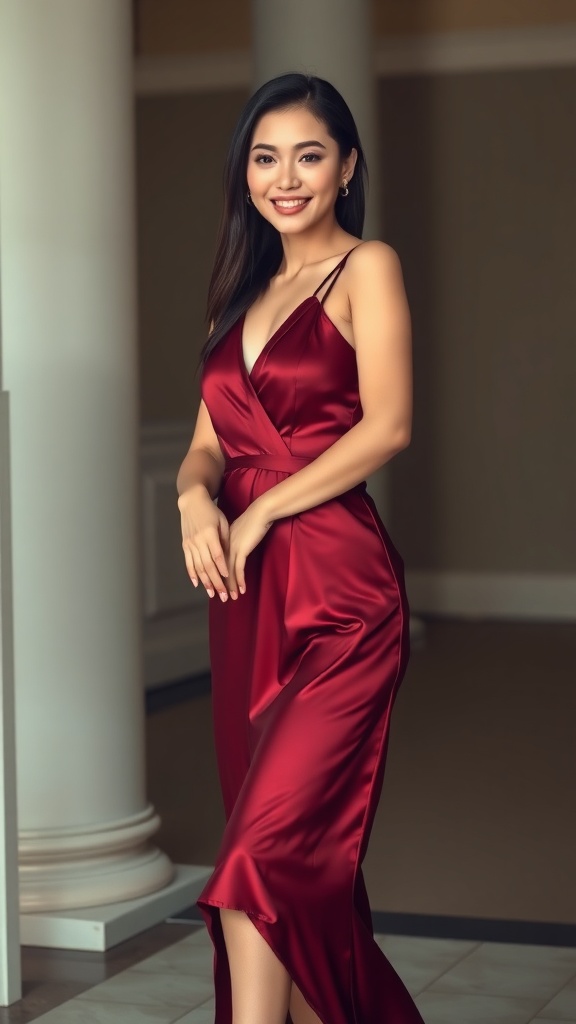 A woman in a sleek burgundy satin midi dress with crossover straps, smiling confidently.