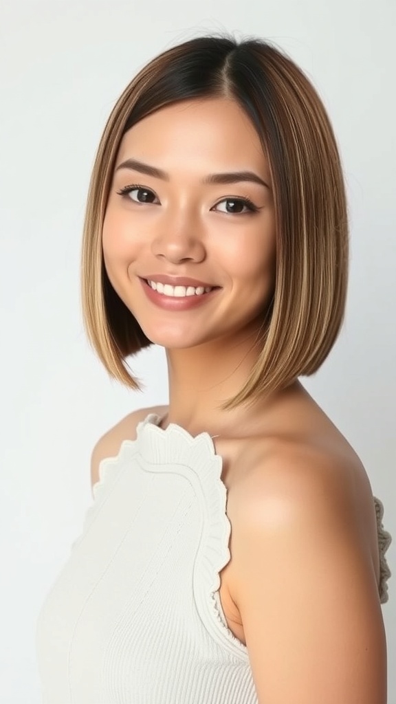 A woman with a sleek center part blunt cut bob chin-length hairstyle, smiling at the camera.