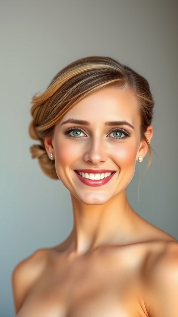 A woman with a sleek chignon hairstyle and side part, smiling elegantly.