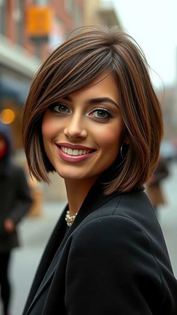 A woman with a sleek espresso bob hairstyle, smiling confidently.