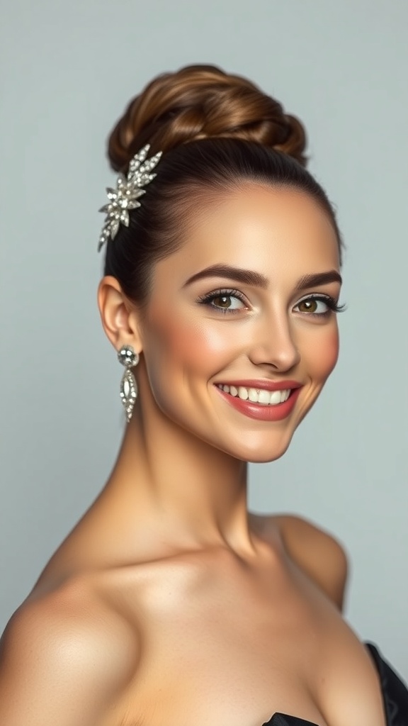 A dancer with a sleek high bun hairstyle adorned with a crystal comb, smiling confidently.