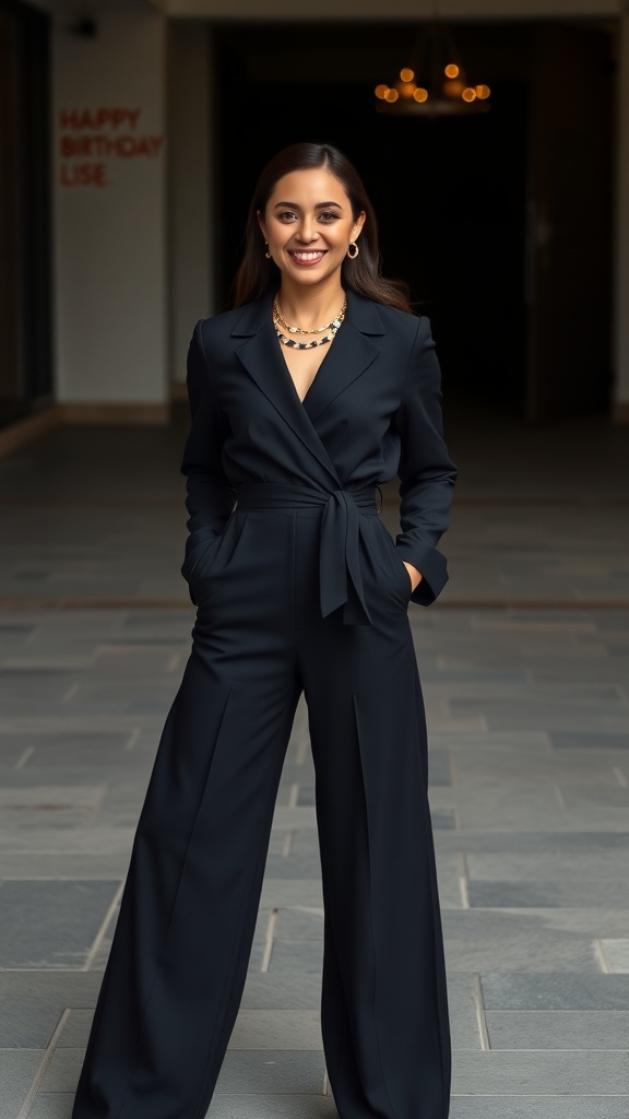 A woman wearing a sleek black jumpsuit with gold accessories, smiling confidently.