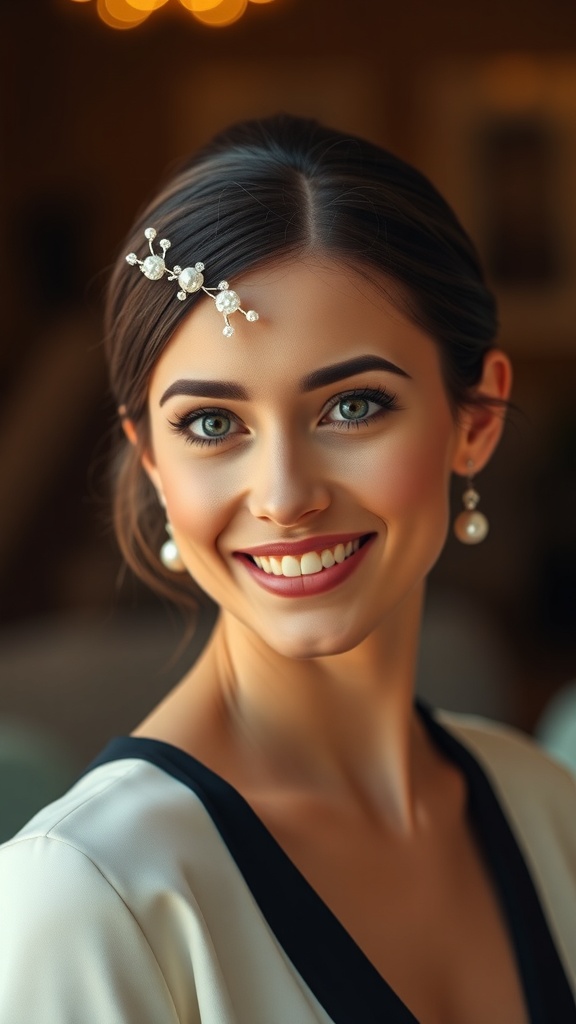 A woman with a sleek low bun hairstyle and a center part, adorned with a decorative hairpin and wearing pearl earrings.