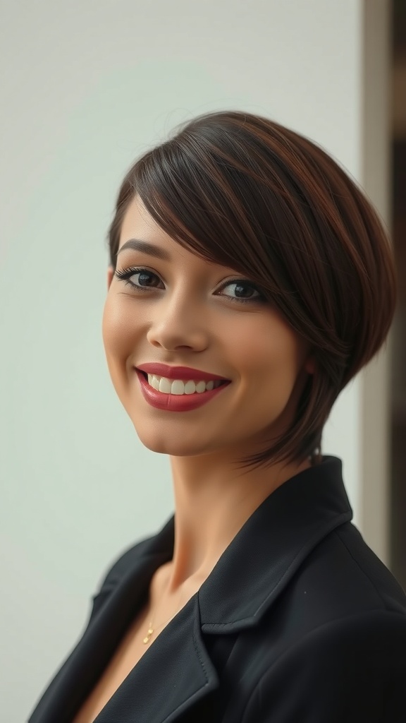 A woman with a sleek medium layered haircut featuring a slight flip, smiling confidently.
