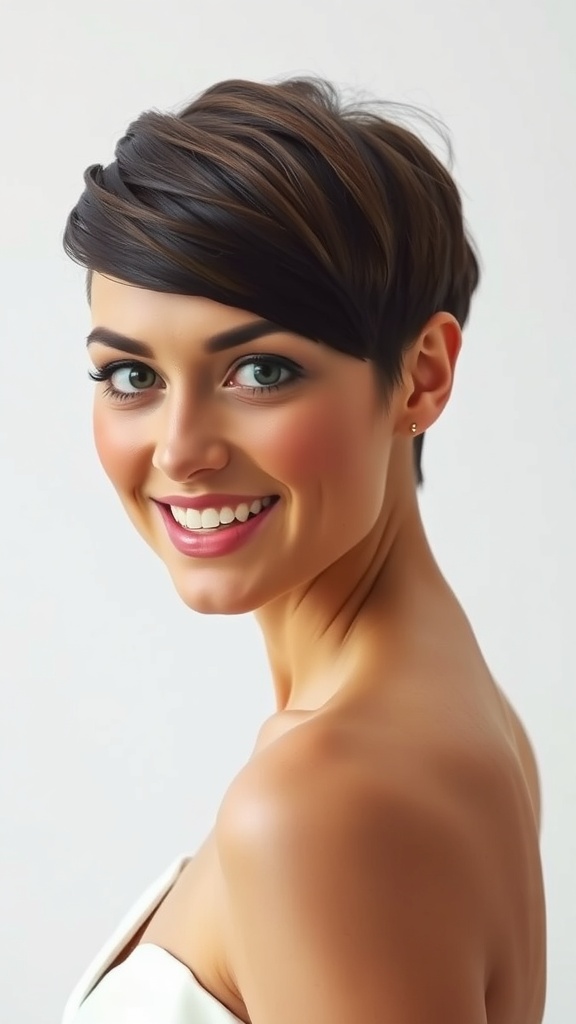A woman with a sleek pixie haircut and side-swept bangs, smiling and looking elegant.