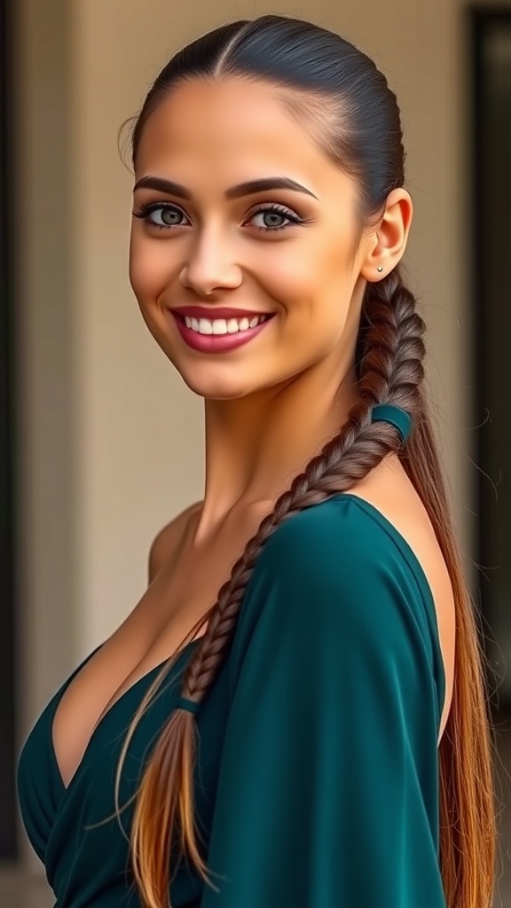 A woman with a sleek ponytail and braided wrap hairstyle, smiling confidently.