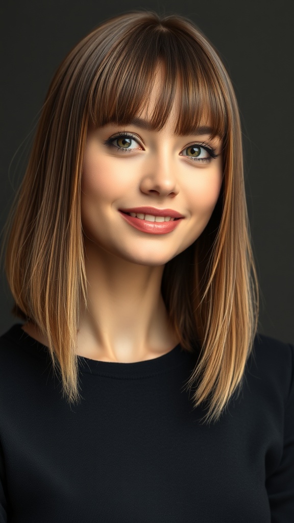 A woman with sleek short hair and shoulder-length bangs, showcasing a modern hairstyle.