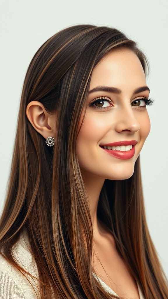 A woman with sleek, side-parted hair, showcasing shiny, straight locks.