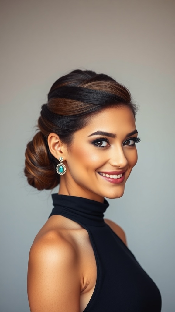 A woman with a sleek side bun featuring crisscross twist detail, wearing elegant earrings and a black top, showcasing a polished hairstyle for ballroom dancing.