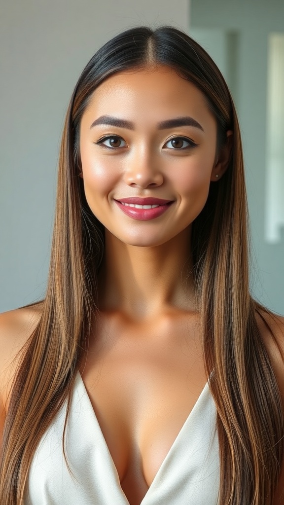 A woman with sleek straight hair and layers, showcasing a polished hairstyle.