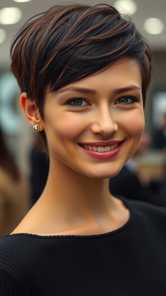 A woman with a sleek tapered haircut, showcasing precise lines and a polished look.