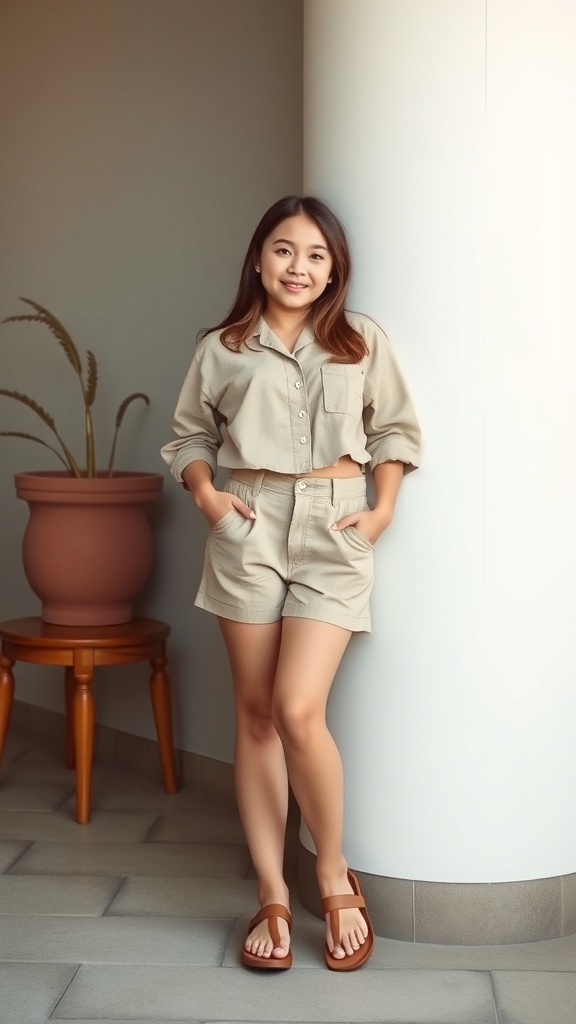 A young woman wearing a sleeveless cropped button-up and shorts, standing casually.