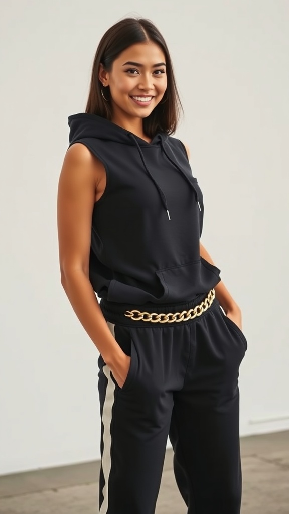 A woman wearing a black sleeveless hoodie and track pants, accessorized with a gold chain belt, smiling confidently.