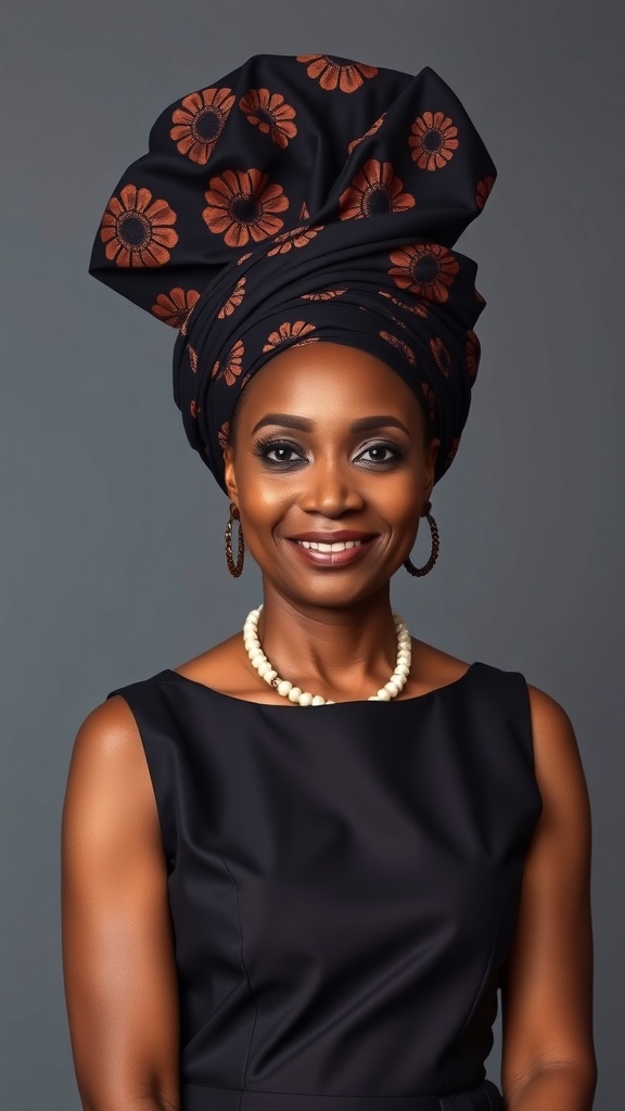 A woman wearing a sleeveless Kente gown with a matching headwrap, exuding elegance and cultural grace.