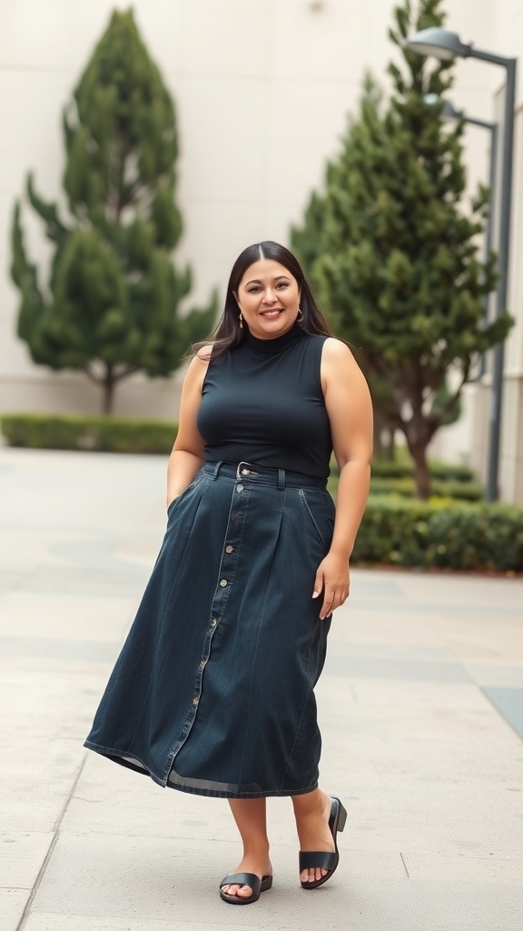 A woman wearing a sleeveless turtleneck and a denim midi skirt, smiling outdoors.
