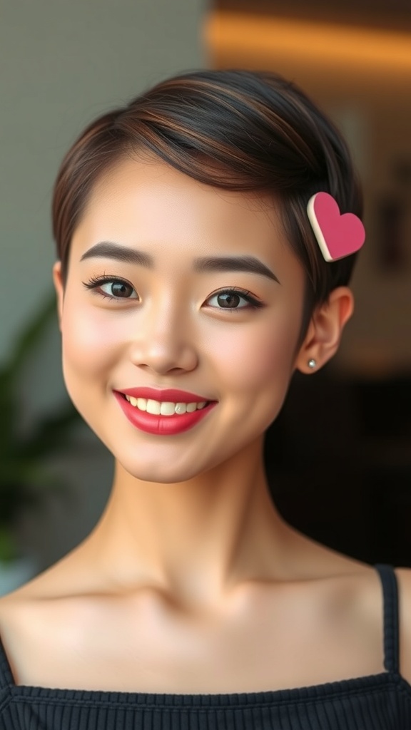 A person with slick back short hair adorned with a heart clip, smiling brightly.