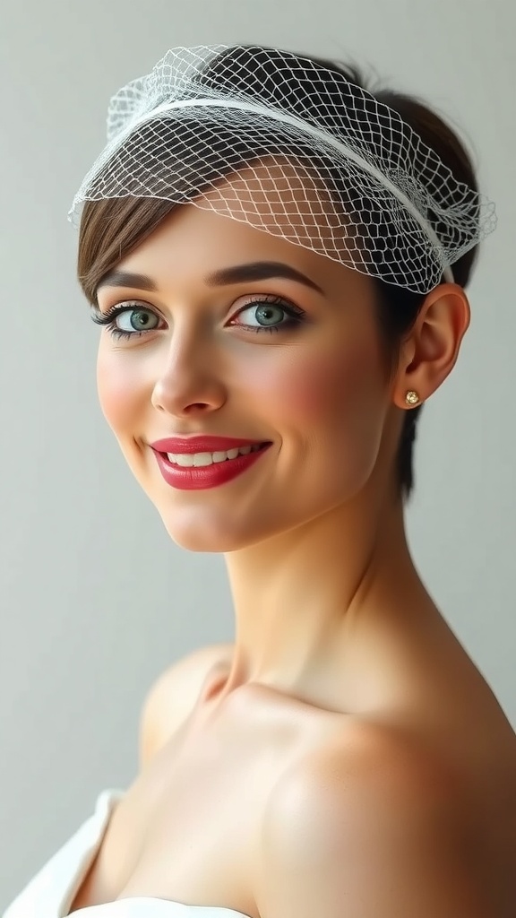 A bride with a slicked-back pixie hairstyle and a headband veil, showcasing a modern and elegant look.