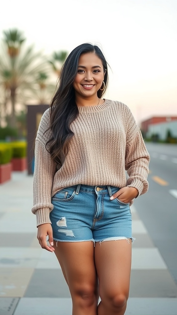 A woman smiling while wearing a slouchy knit sweater and denim cutoffs, standing outdoors.