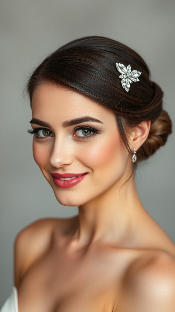 A bride with a smooth low bun hairstyle featuring a crystal clip, showcasing elegance and sophistication.