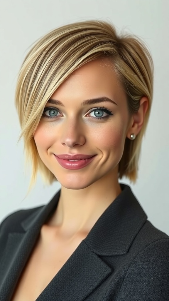 A woman with smooth medium layered hair featuring razor cut ends, styled elegantly.