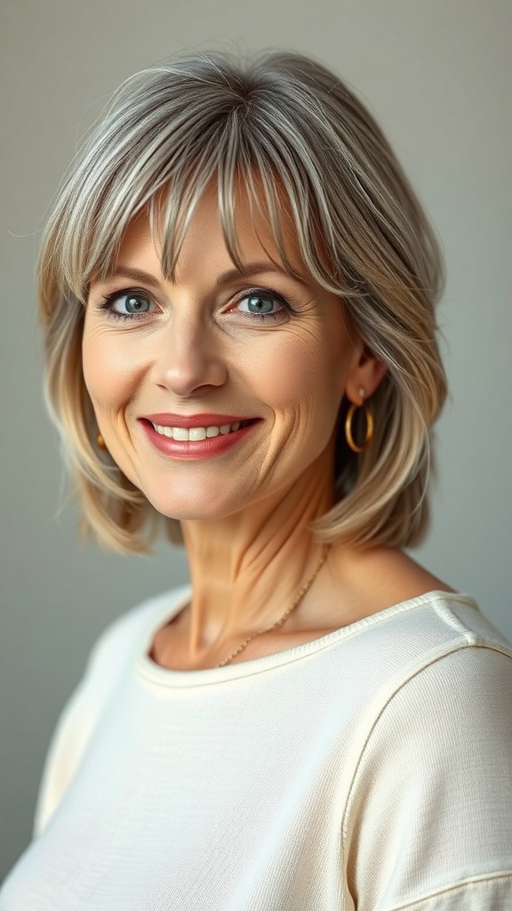 A woman with soft bangs and tapered mid-length layers, smiling confidently.