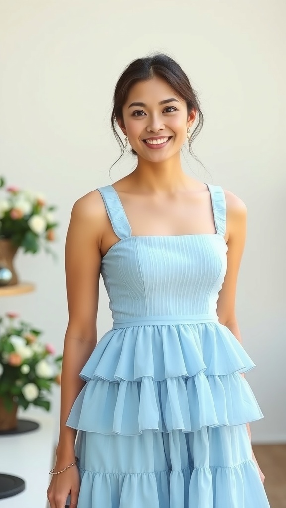 A woman wearing a soft blue tiered dress with a square neck, smiling in a bright setting.