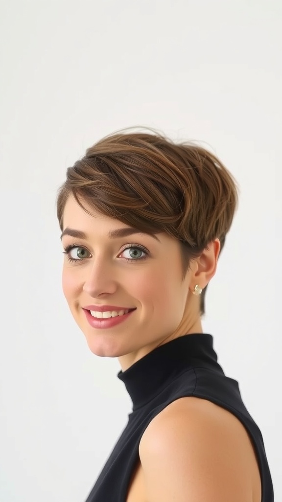A woman with a soft brown crop hairstyle, smiling and looking stylish.