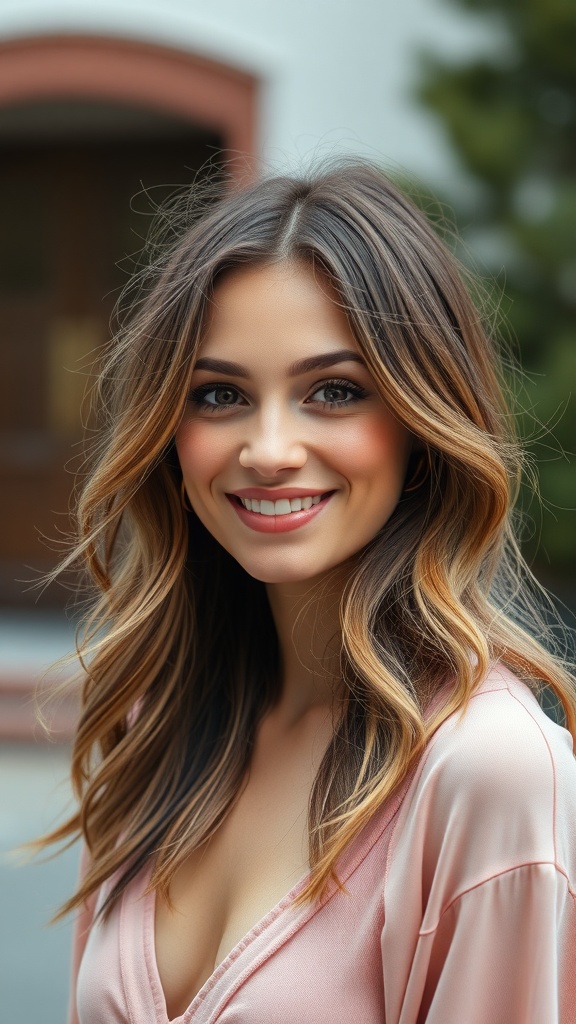 A woman with soft choppy layers and natural waves, smiling outdoors.