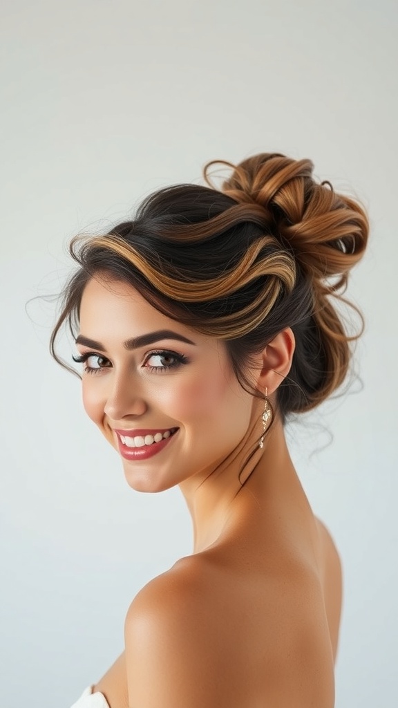 A bride with a soft curl bun hairstyle featuring a textured finish, smiling elegantly.