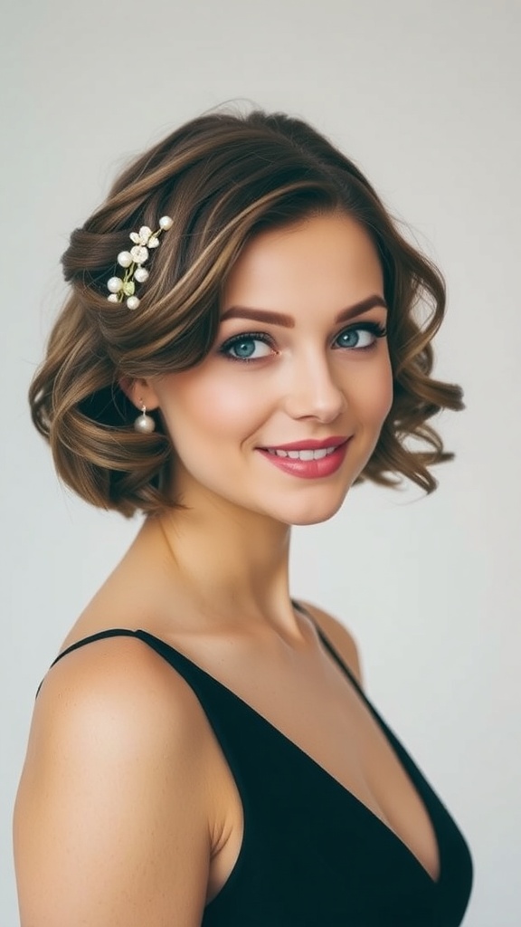 A woman with a soft curled bob hairstyle adorned with floral pins, showcasing an elegant bridal look.