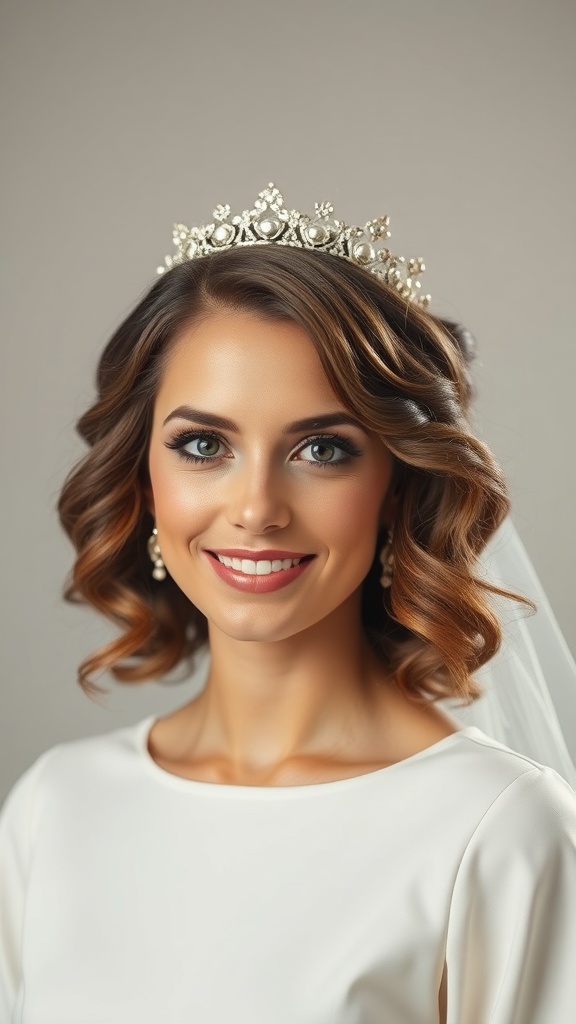 Bride with soft curls, a crown lift, and a middle part, showcasing elegant wedding hair.