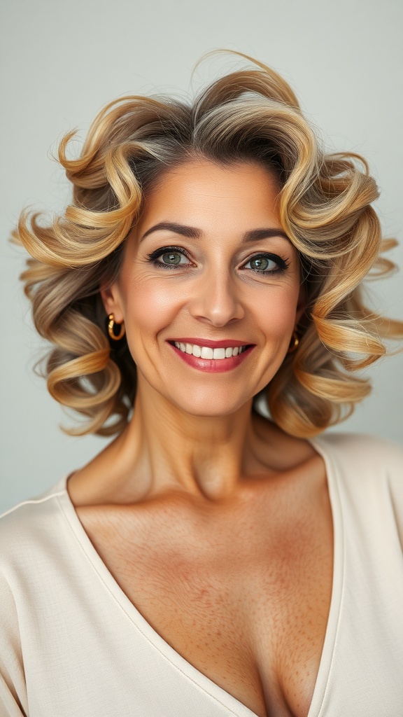 A woman with soft curls and a rounded silhouette hairstyle, showcasing ageless beauty.