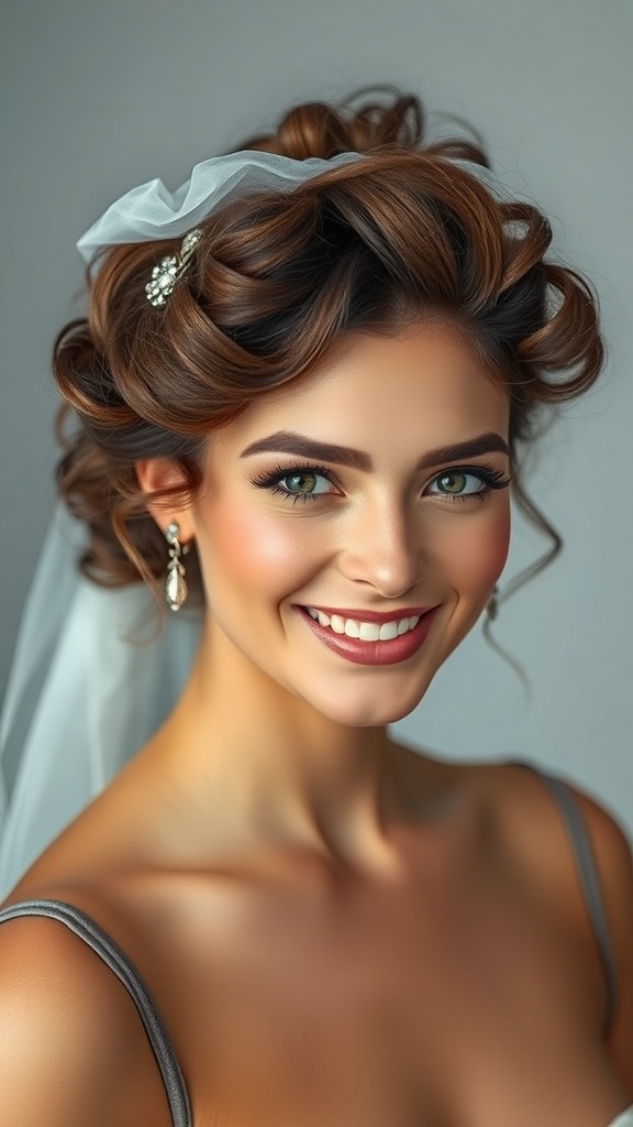 A bride with a soft curly updo hairstyle, adorned with a veil and bridal hair accessories.