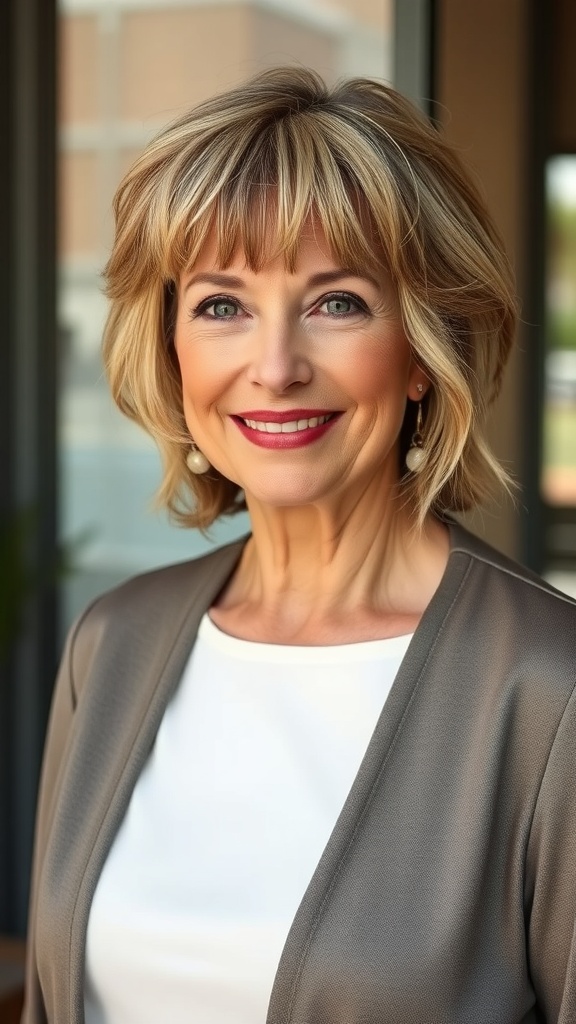 A woman with soft curtain bangs and mid-length layers, smiling confidently