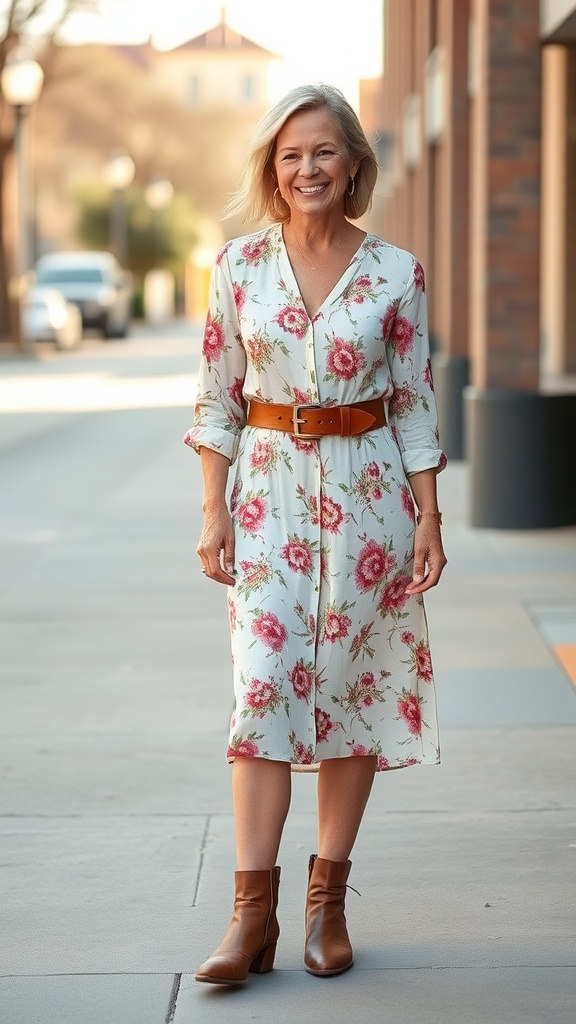 A woman wearing a soft floral midi dress with brown ankle boots, smiling while walking down a city street.